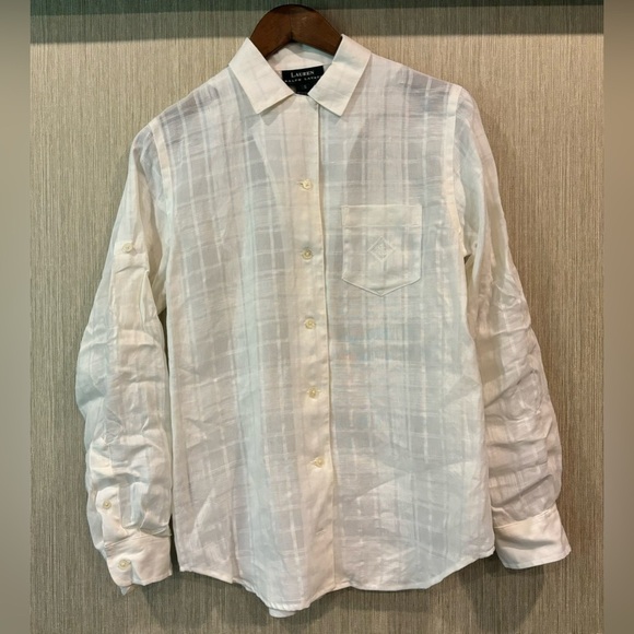 LAUREN Ralph Lauren Linen White Plaid Loose Oversized Fit Button Blouse Size S - Picture 9 of 10